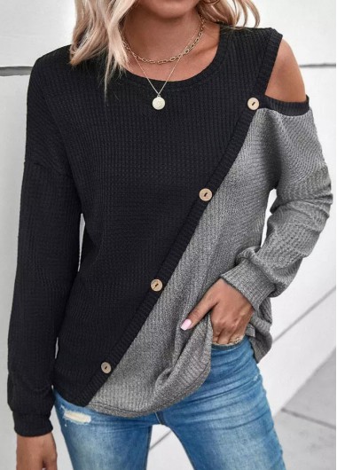 ROTITA Patchwork Black Round Neck Long Sleeve Sweatshirt