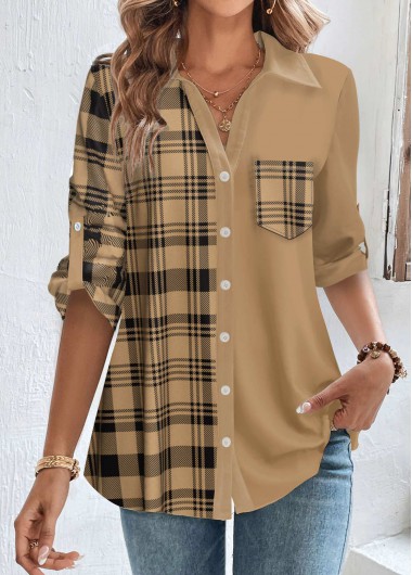 ROTITA Patchwork Plaid Dark Coffee Shirt Collar Blouse