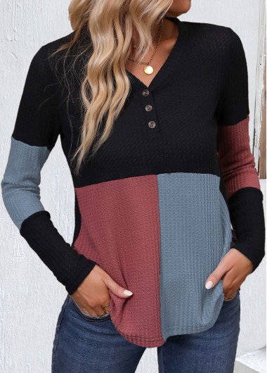 ROTITA Patchwork Black V Neck Long Sleeve T Shirt