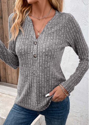 Dark Grey Split Neck Button Long Sleeve T Shirt