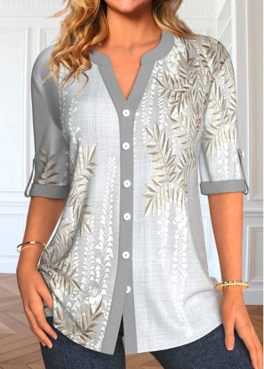 ROTITA Button Leaf Print Light Grey Split Neck Blouse