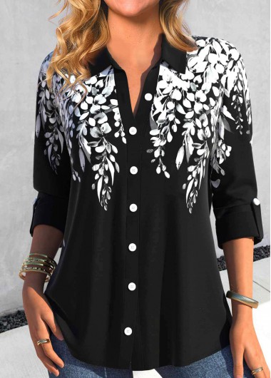 ROTITA Button Leaf Print Black Shirt Collar Blouse