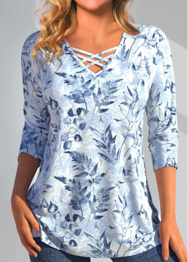 ROTITA Criss Cross Leaf Print Dusty Blue T Shirt