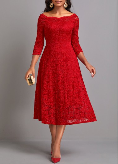 ROTITA Layered Lace Red Boat Neck Dress