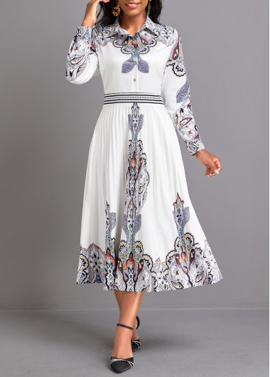 ROTITA Pleated Tribal Print White Shirt Collar Dress