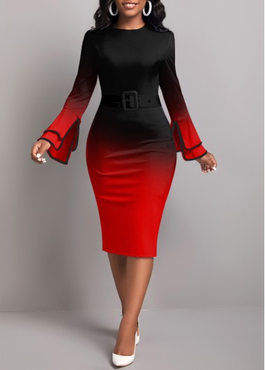 ROTITA Contrast Binding Ombre Red Round Neck Bodycon Dress
