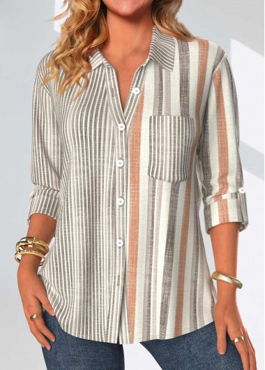 ROTITA Button Striped Grey Shirt Collar Long Sleeve Blouse
