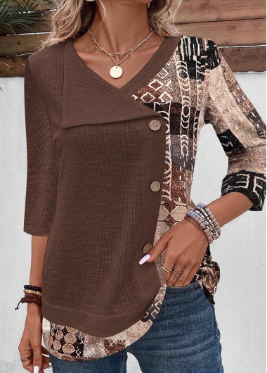 ROTITA Patchwork Geometric Print Light Coffee T Shirt