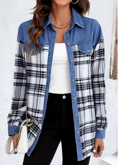 ROTITA Patchwork Plaid Denim Blue Shirt Collar Blouse