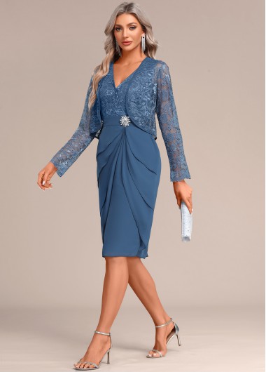 ROTITA Layered Two Piece Suit Peacock Blue Dress and Cardigan