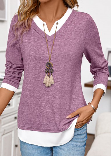 ROTITA Patchwork Dark Reddish Purple Split Neck T Shirt