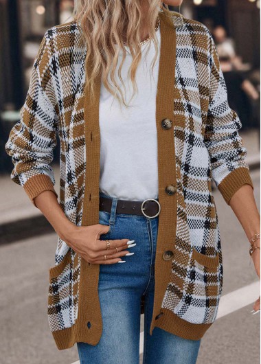 Pocket Plaid Dark Camel V Neck Cardigan