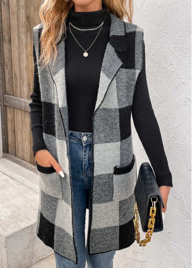 Pocket Plaid Black Friday Lapel Sleeveless Waistcoat