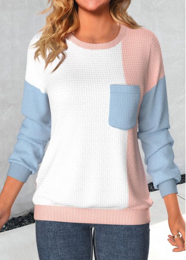 ROTITA Patchwork Dusty Pink Round Neck Long Sleeve Sweatshirt