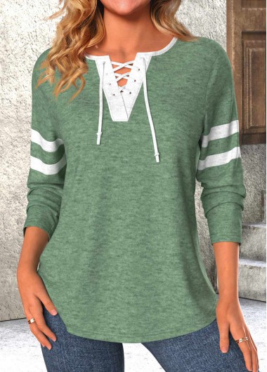 ROTITA Lace Up Green Long Sleeve T Shirt