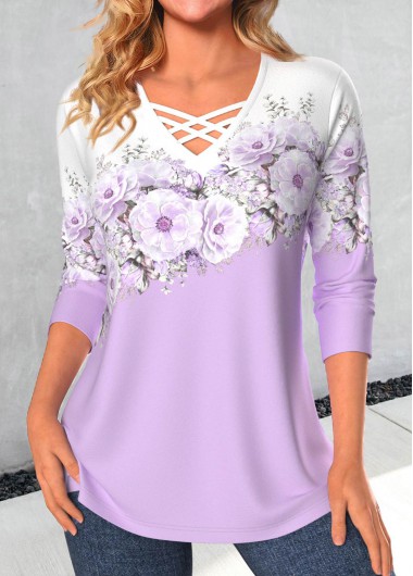 ROTITA Criss Cross Random Floral Print T Shirt