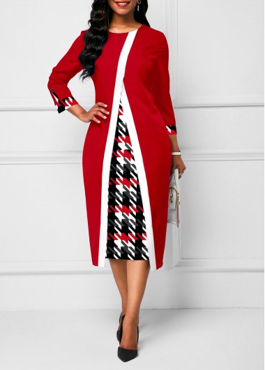 ROTITA Patchwork Plaid Red Round Neck Bodycon Dress