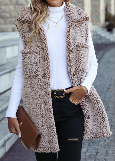 Pocket Light Camel Turn Down Collar Sleeveless Waistcoat