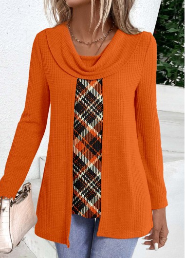 ROTITA Fake 2in1 Plaid Orange Draped Neck T Shirt