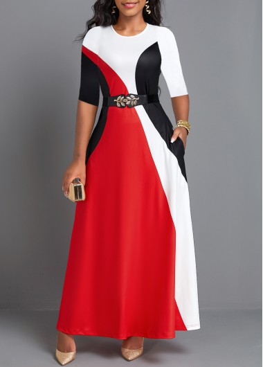 ROTITA Pocket Red Round Neck Maxi Dress