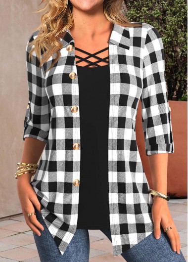 ROTITA Fake 2in1 Plaid Black Shirt Collar Blouse