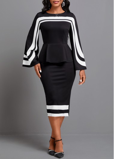 ROTITA Patchwork Geometric Print Black Boat Neck Dress