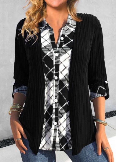 ROTITA Fake 2in1 Plaid Black Shirt Collar Blouse