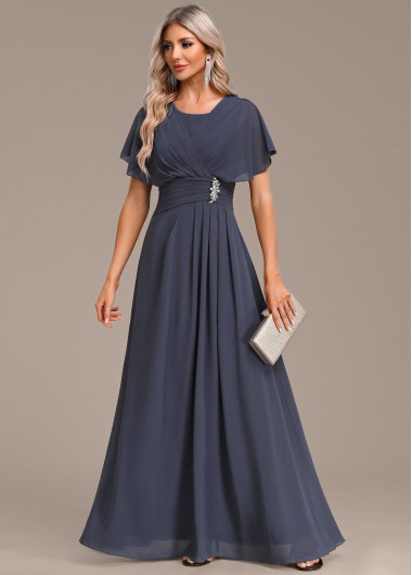 ROTITA Zipper Navy Round Neck Short Sleeve Maxi Dress