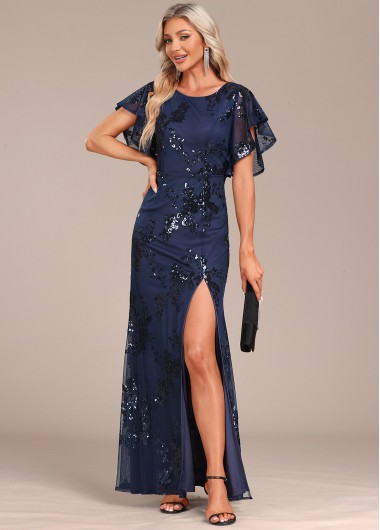ROTITA Lace Sequin Navy Round Neck Maxi Dress