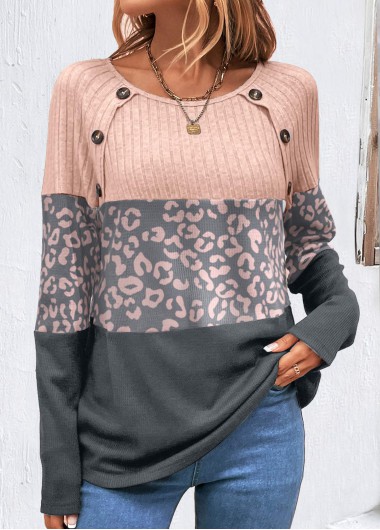 ROTITA Light Pink Leopard Decorative Button Round Neck T Shirt