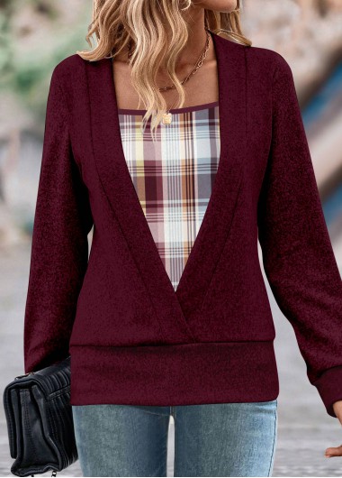 ROTITA Fake 2in1 Plaid Wine Red Square Neck Sweatshirt