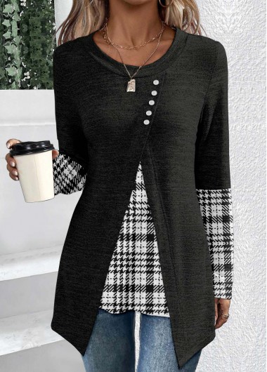 ROTITA Patchwork Plaid Black Round Neck T Shirt