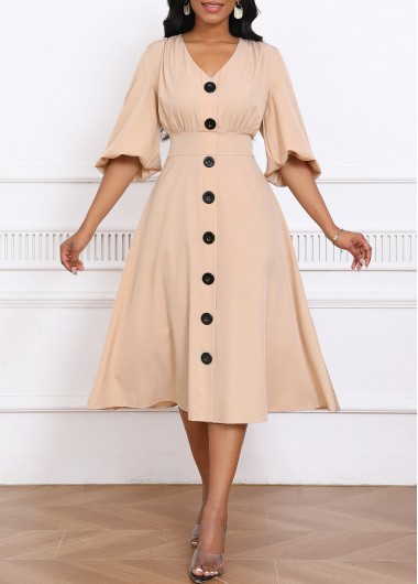 ROTITA Umbrella Hem Light Camel V Neck Dress