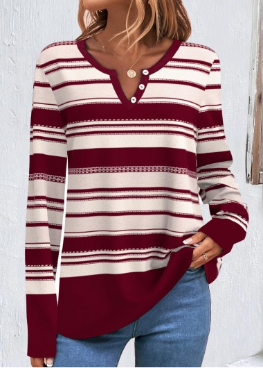ROTITA Button Striped Wine Red V Neck Sweatshirt