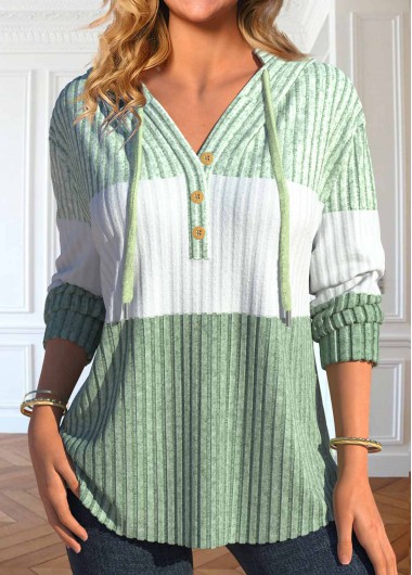 ROTITA Patchwork Light Green Long Sleeve Hoodie