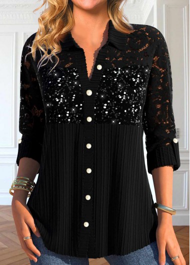 ROTITA Sequin Black Shirt Collar Long Sleeve Blouse