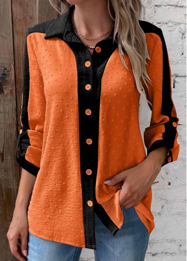 ROTITA Patchwork Orange Shirt Collar Long Sleeve Blouse