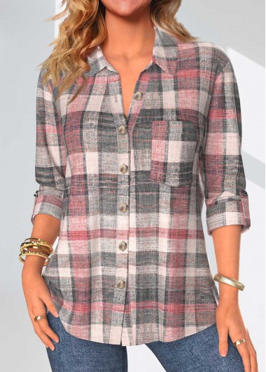 ROTITA Button Plaid Coral Shirt Collar Long Sleeve Blouse