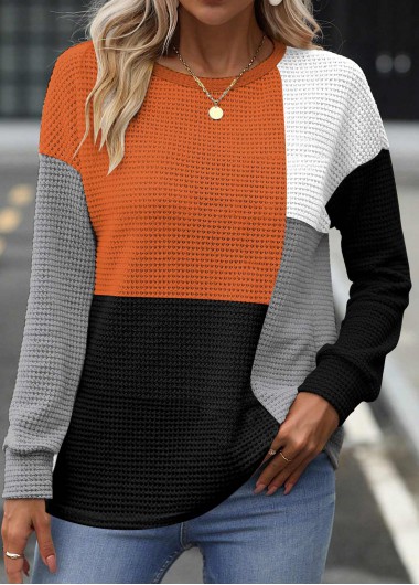 ROTITA Patchwork Multi Color Round Neck Long Sleeve Sweatshirt