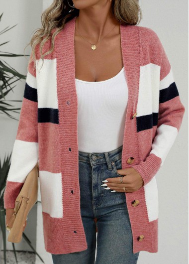 ROTITA Button Striped Pink Long Sleeve Cardigan