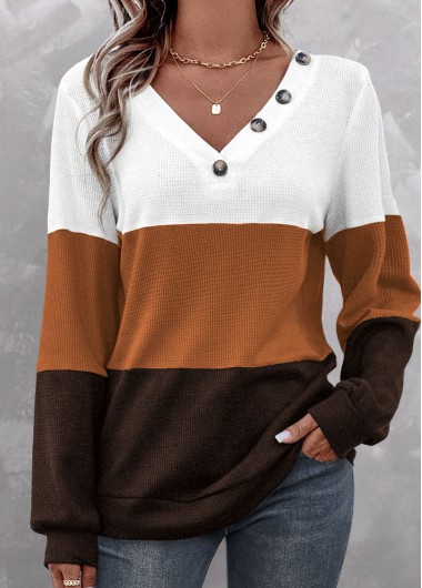 ROTITA Patchwork Dark Coffee V Neck Long Sleeve Sweatshirt