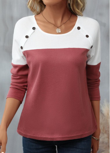 Dark Reddish Purple Patchwork Round Neck T Shirt