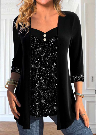 ROTITA Velvet 3/4 Sleeve Sequin Black Heart Collar T Shirt