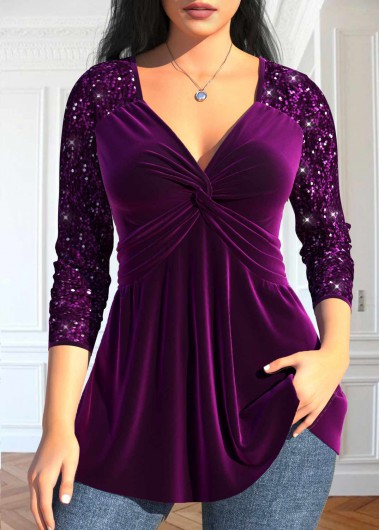 ROTITA Sequin Purple V Neck Long Sleeve T Shirt
