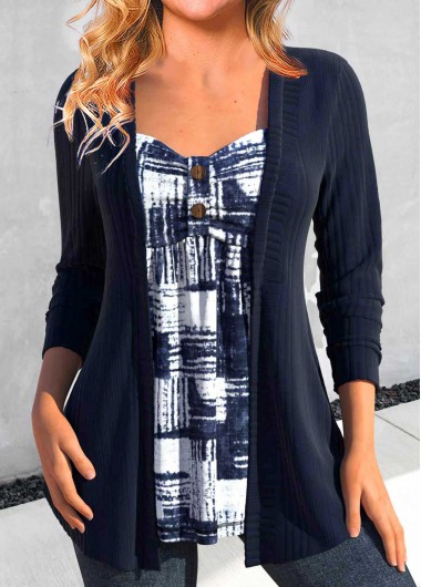 ROTITA Fake 2in1 Geometric Print Navy T Shirt