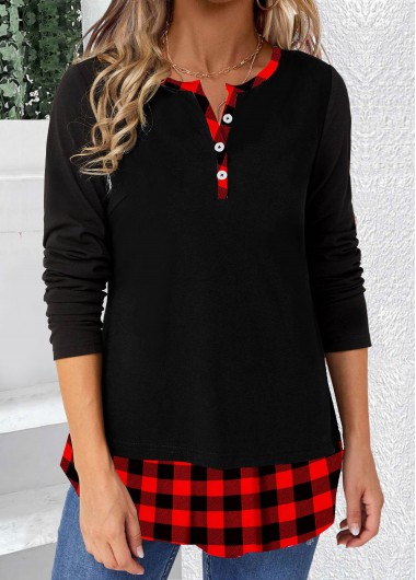 ROTITA Patchwork Plaid Black Round Neck T Shirt