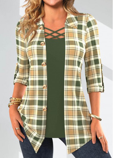 ROTITA Fake 2in1 Plaid Sage Green Shirt Collar Blouse
