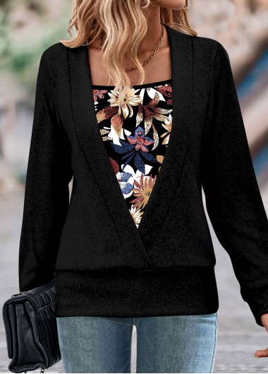 ROTITA Fake 2in1 Random Floral Print Black Sweatshirt