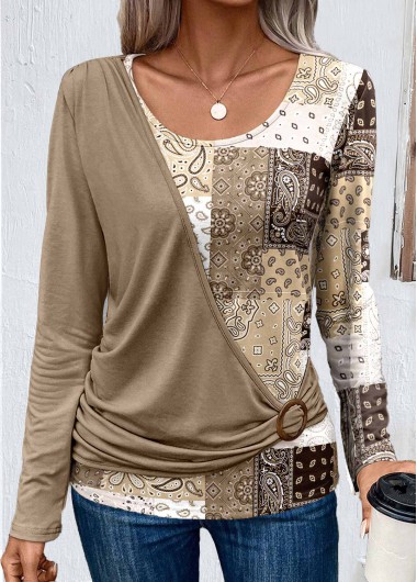 ROTITA Asymmetry Patchwork Light Camel Scoop Neck T Shirt