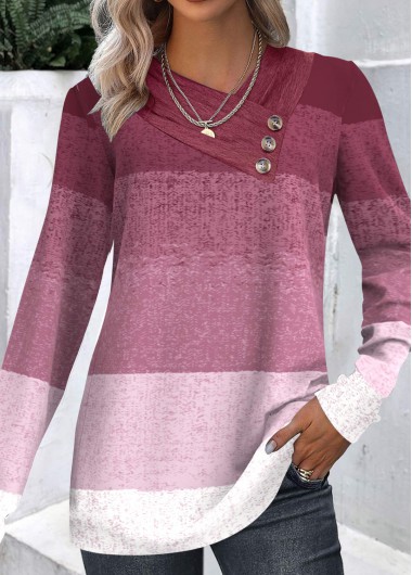 ROTITA Button Ombre Dark Reddish Purple Asymmetrical Neck Sweatshirt
